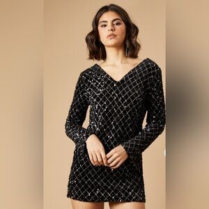 NWT Sequin Geometric Trim Flared Sleeve Mini Dress
